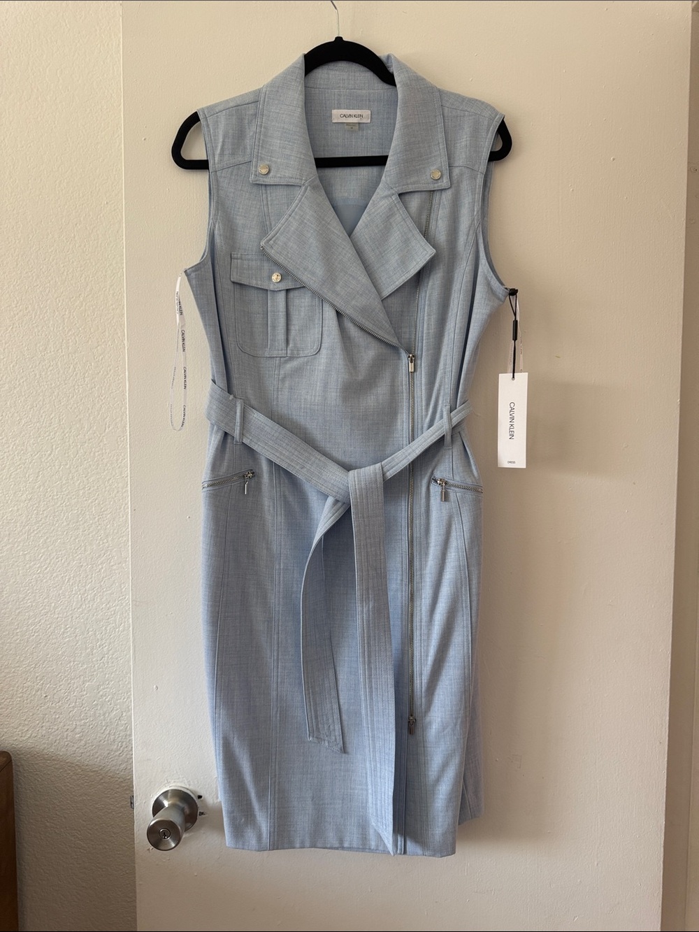 Calvin Klein Pale Blue Sleeveless Belted Sheath Dress